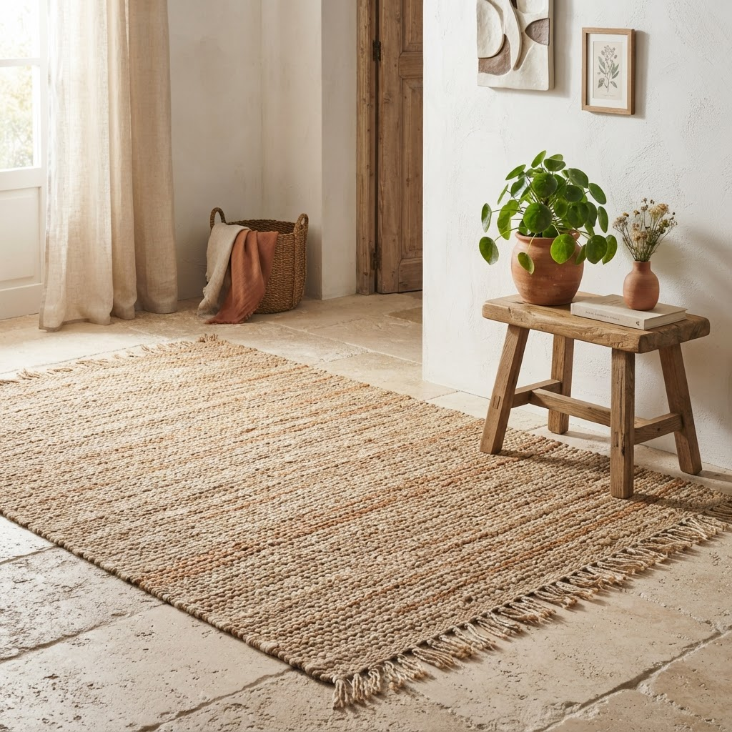 Tapete de fibra natural com textura sobre piso de pedra