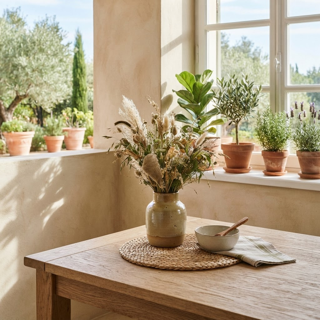 Detalhe de mesa de madeira com vaso de cerâmica e capim seco junto à janela